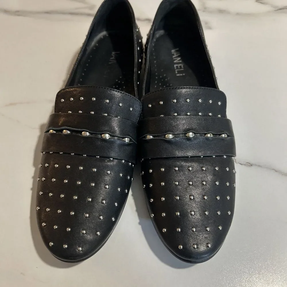 VanEli Penny Loafer Women Black Leather Shoes Smoking‎ Slipper 7 narrow Studded